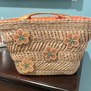 Summer Raffia straw bag w/ wood floral painted handles
